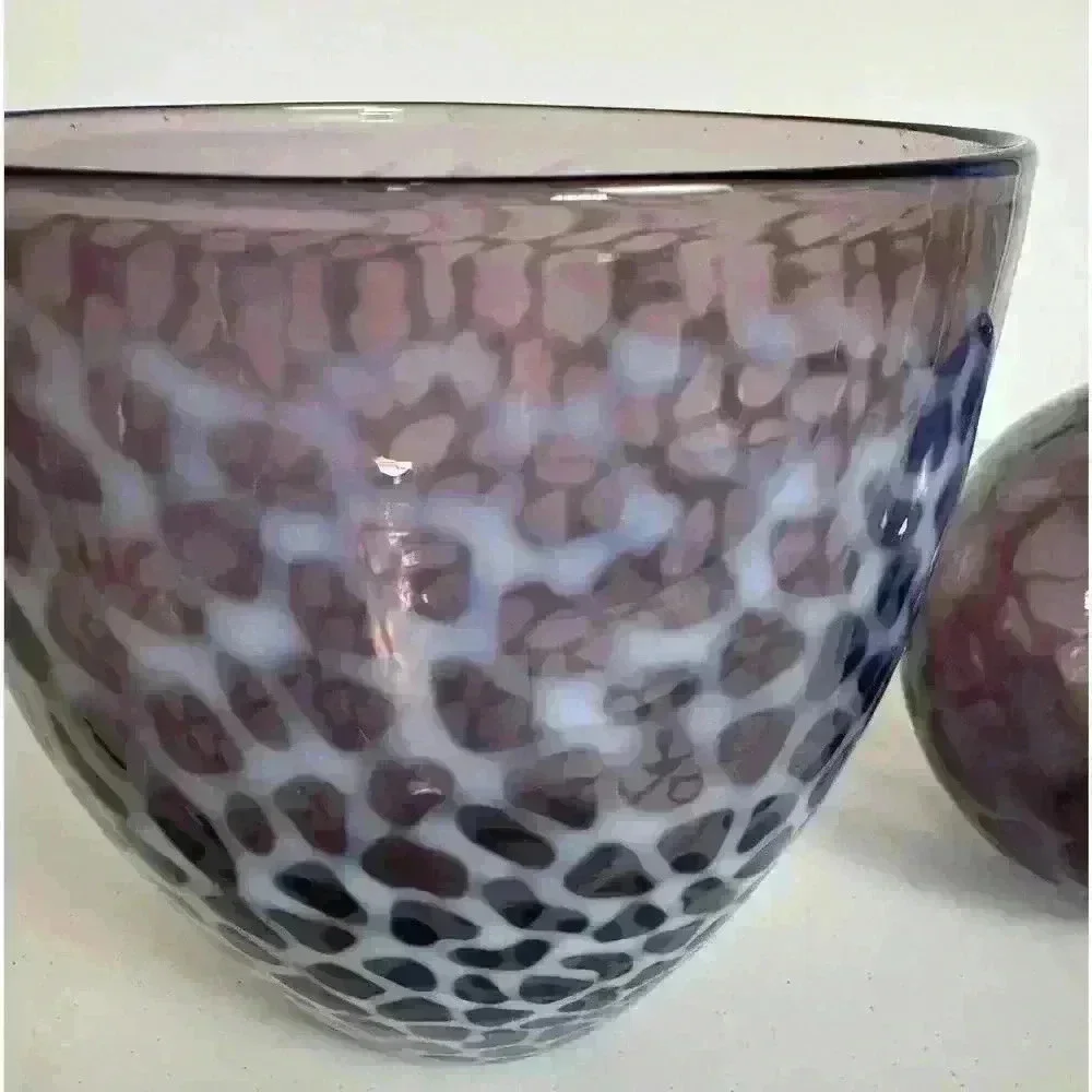 Two Hand Blown Art Glass Vases Purple Tortoise shell spots Clear pontil mark